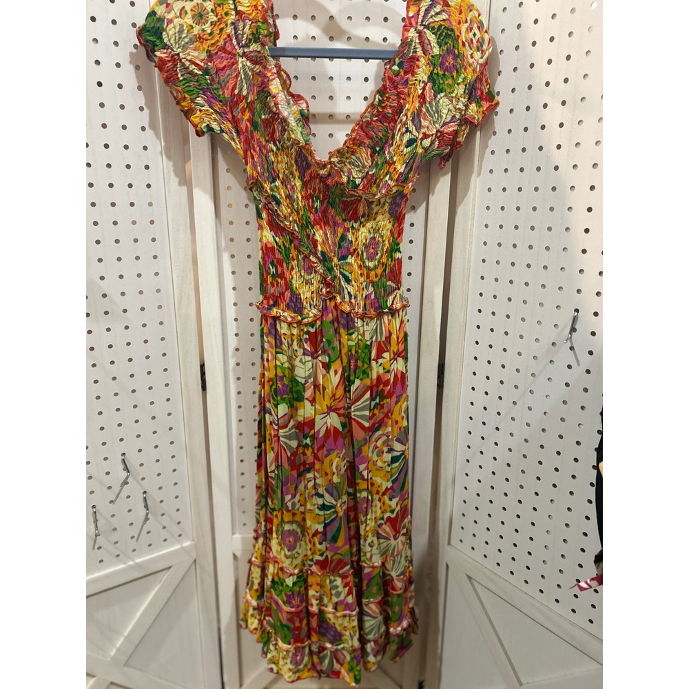 Luna Llena Smocked Floral Maxi Dress Off Shoulder Ruffle V Neck Bohemian M‎